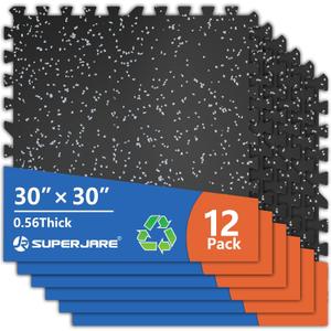 SUPERJARE 30" x 30" Larger Rubber Top Exercise Equipment Mats, 0.56" Thick 12PCS 75 Sq Ft High-Density EVA Foam Interlocking Gym Flooring, Big Workout Mat for Home Gym, Floor Protection, Black/Grey