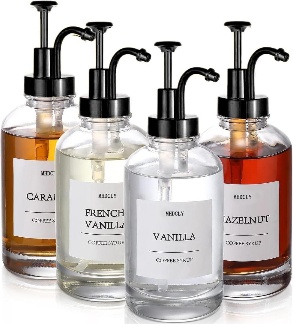 Coffee Bar Accessories, Glass Syrup Dispenser with Pump, 16.9 fl oz/500ml Syrup Bottles for Coffee Bar Organizer, Labels, Spoons,4 Pack