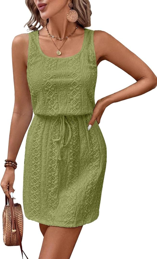 Acelitt Spring Summer Tank Dresses for Women 2026 Hollow Out Textured Drawstring Mini Dress (M)