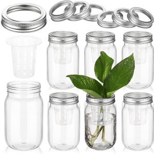 Hushee 6 Packs Propagation Vases for Plants Plastic Centerpieces Bulb Vases Clear Mason Jars with Hole Lid and Hydroponic Baskets Plant Growing in Water for Office Wedding Table Decoration(Silver)