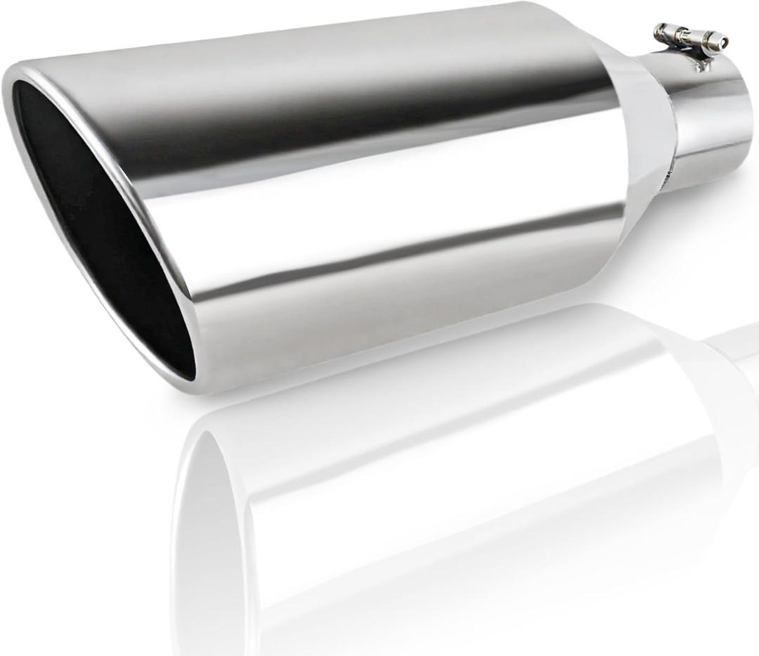 Universal 3" Diesel Exhaust Tip, 3" Inlet 6" Outlet 15" Long Stainless Steel Professional Polished Tailpipe Tip, Fits all 3" OD Tailpipe, Rolled Angle Cut, Bolt-On