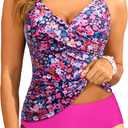 Tempt Me Women Ruched Tankini Swimsuit - Tummy Control Two Piece Bathing Suits Twist V Neck Swimwear with Bottom 2025 (Pink Flower), Medium 