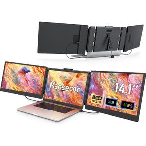 Macsecor 14.1'' Laptop Screen Extender, 1080P FHD Triple Portable Monitor for Laptop USB C HDMI, Plug-Play Laptop Monitor Extender for 13''-17'' Laptops, for Mac/Wins/Android/Switch