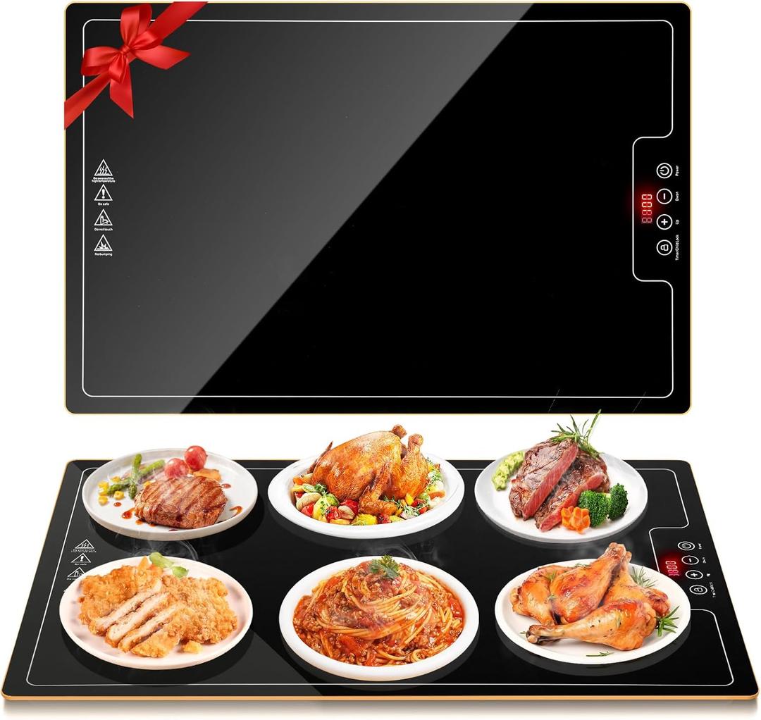 Electric Heat Warming Tray, 23.7"x15.8" Full Surface Mat Warmer With Thermostat, Digital Display,Support 104~284, Timer (30min-24hrs), Perfect For Parties Buffet, Countertop, Heat-Resistant Glass (Large, Black)