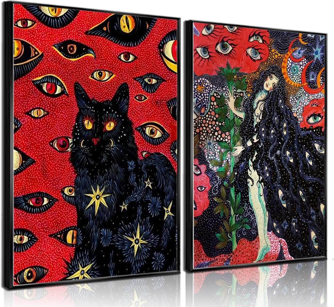 2Pcs Black Cat Cohen Hippie Psychedelic Wall Art Retro Fun Cool Girl Mystical Animal Eyes Stars Canvas Posters Prints Cat Lovers Wall Decor Pictures Bedroom Living Room Dorm Decoration Unframed (Pack of 4)