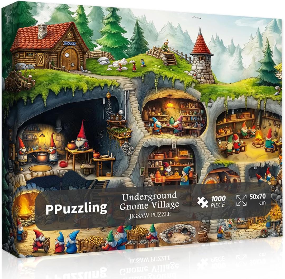 Fantasy Gnome Village Puzzles for Adults 1000 Pieces, Funny Forest Underground Gnomes House Art Jigsaw Puzzle, Challenging Hard Nature Cave Scene Puzzle
