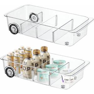 MANO 2 Pack Divided Rolling Refrigerator Tray Clear Roll Out Fridge Caddy Organizer with Wheels for Veggie Pantry Snackle Box Under Sink Bathroom Organizer and Storage Bins