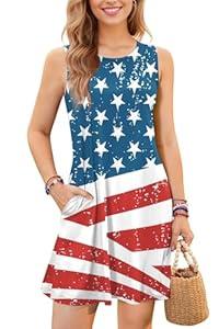 July 4th Star Striped Dress for Women Loose Swing Sleeveless Tank T Shirts Sundress American USA Flag 2XL