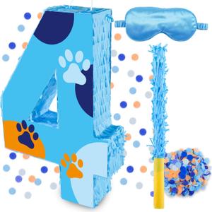 16 Inch Number 4 Dog Paw Pinata with 16 Inch Piata Stick Blindfold Confetti for Boy Girl Kids 4th Birthday Party Decorations (4th)