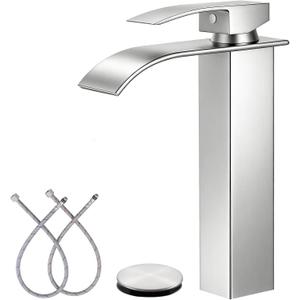 LIFG Brushed Nickel Vessel Sink Faucet, Tall Waterfall Bathroom Faucet, Single Handle One Hole Mixer Bowl Tap with Large Rectangular Spout, Bar Sink Faucet Lavatory Vanity