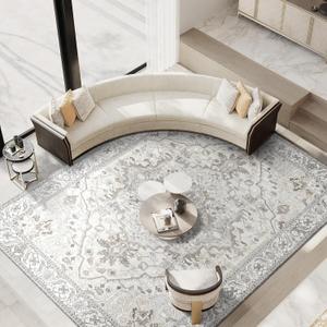 Deerly Large Washable Area Rug 8x10 for Living Room Bedroom Boho Vintage Oriental Rug for Dining Room Non-Slip Soft Low-Pile Farmhouse, Beige/Multi