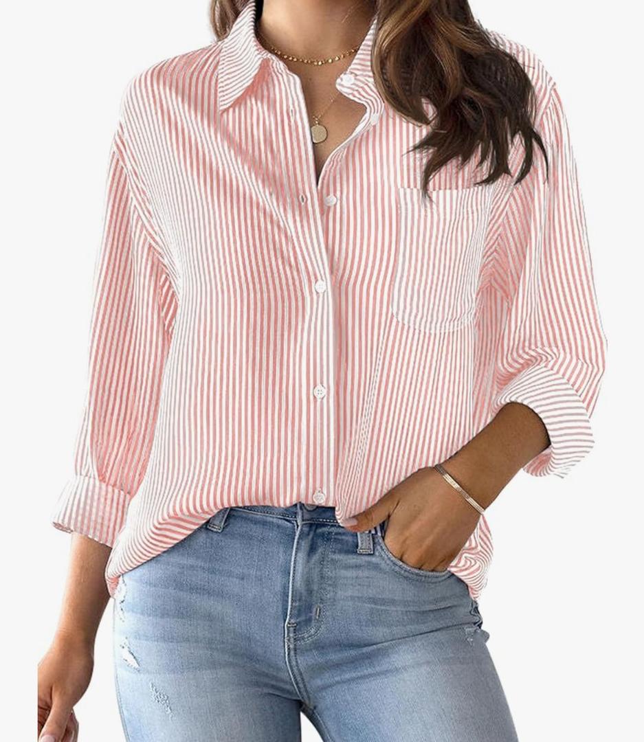 CUNLIN Grade 4 Wrinkle-Resistant Women's Button Down Shirts Striped Long Sleeve Collared Blouses Tops with Pocket, Medium