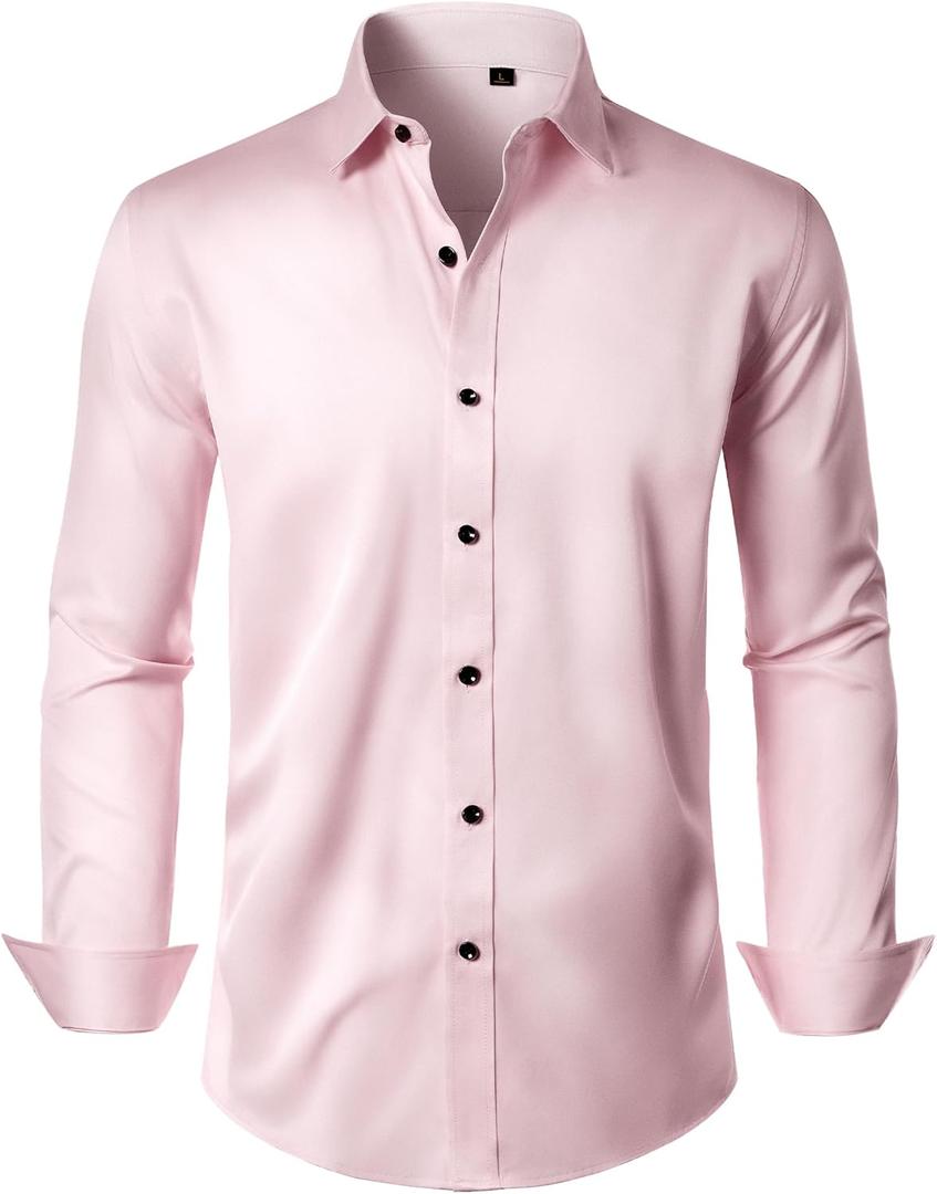 Alimens & Gentle Men's Dress Shirts Long Sleeve Wrinkle Free Stretch Business Casual Wedding Button Down Shirt (XX-Large, Pink)