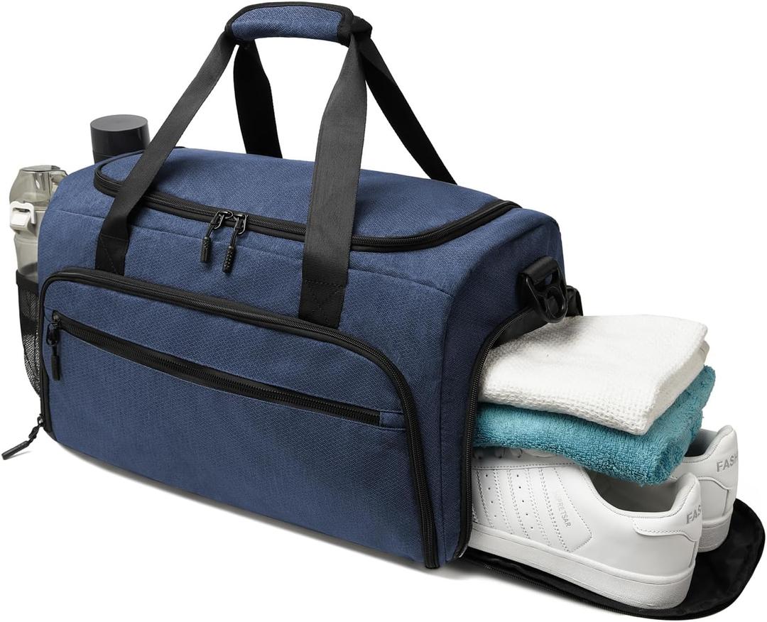 Gym Bag for Men Women, Small Fitness Workout Sports Bag with Wet Pocket & Shoes Compartment, Water Resistant Overnight Weekender Duffel Bag (Blue)