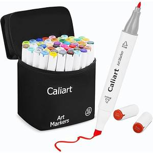 Caliart Alcohol Based Markers, 52 Colors Art Marker Set Fine & Chisel Dual Tip, Permanent Colored Pens for Adults Artists Coloring Book Illustration Sketch Lettering Drawing Cards Planner