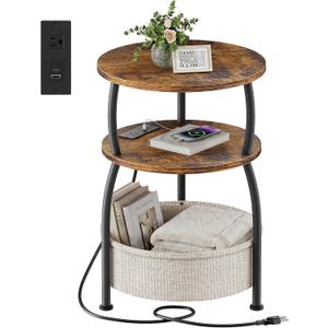 Round Side Table with Charging Station, USB Type C Port, Brown, 15.75" Dia with Power Strip