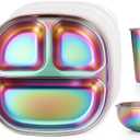 AIEVE Stainless Steel Kids Plates and Bowls, 5 Pcs Kids Dinnerware Set Includes Stainless Steel Toddler Plate with Lid, Utensils, Cup and Bowl