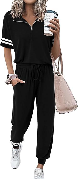MASCOMODA 2 Piece Outfits for Women 2025 Summer Casual Quarter Zip Short Sleeve Tops Long Pants Tracksuit Jogger Lounge Sets (S, Black)
