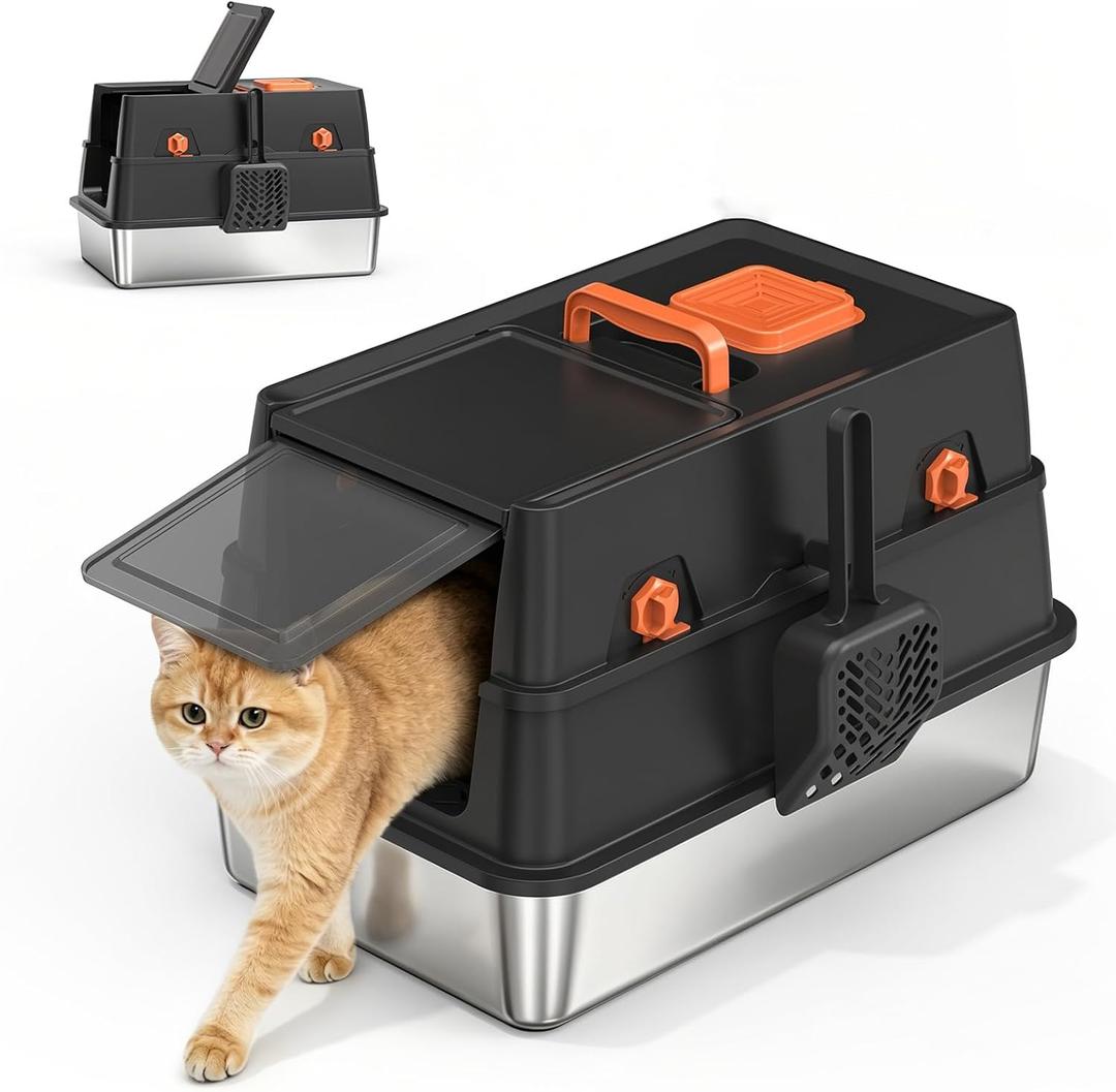 Stainless Steel Litter Box with Lid, Enclosed Metal Cat Litter Box with 120 Flip-Top & Built-in Handle, Easy Clean High-Sided Cat Pan with Cat Scoop Holder for Odor Control,Leak-Proof,Black