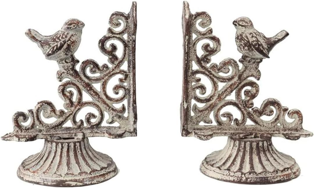 Vintage Book Ends for Heavy Books, Farmhouse Decorative Bookends for Shelves with Non-Skid Base, Antique White Finish for Home Office, 1 Pair