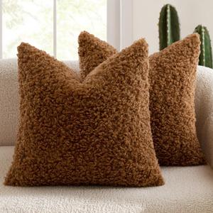 MIULEE Pack of 2 Faux Fur Throw Pillow Covers 18x18 Inch Bronze Boucle Decorative Sherpa Pillow Covers Fuzzy Accent Soft Sheepskin Fleece for Boho Home Decor Sofa Living Room Couch Bed
