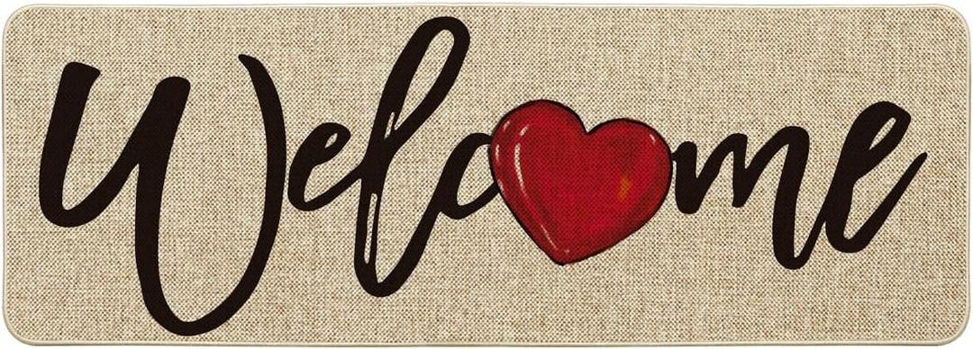 Artoid Mode Welcome Love Heart Valentine's Doormat, Home Decor Low-Profile Switch Rug Door Mat for Indoor Outdoor 17x47 Inch (Beige)