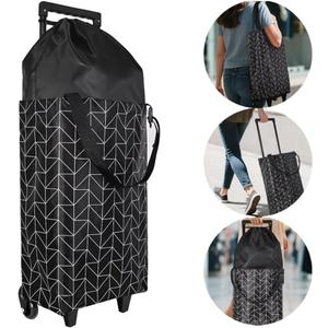 Small Collapsible Shopping Cart,Shopping Cart with Wheels,Folding Portable Bag,Waterproof Rolling Bag,Trolley Tote Stair Climbing for Traveling,Gift for Women&Older (Black&Expandable Bag)