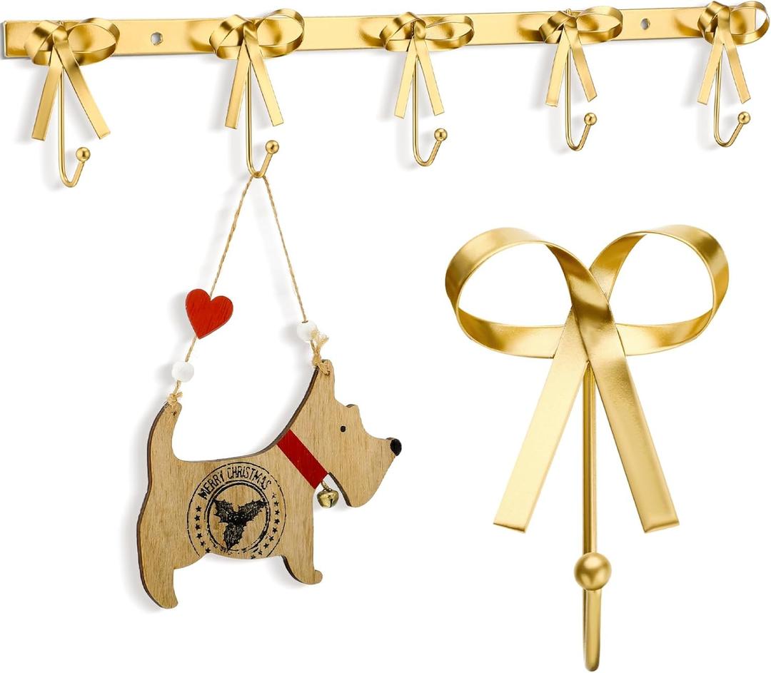 Tioncy Gold Bow Hooks Coat Rack Wall Mounted Gold Metal 5 Hook Bow Wall Decorations Nursery Bedroom Bathroom Coquette Living Room Decor for Hanging Coats Hats Towels Robes Purses Bags Keys