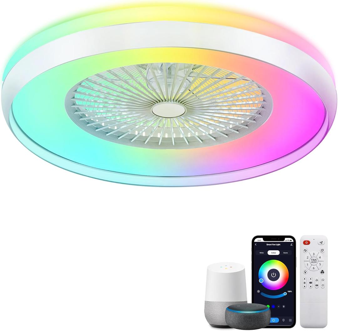 24" Bladeless Ceiling Fans with Lights, Smart RGB Ceiling Fan with Alexa, APP Control, Low Profile flush Mount Ceiling Fan Dimmable Color Changing LED Ambient Light for Bedroom