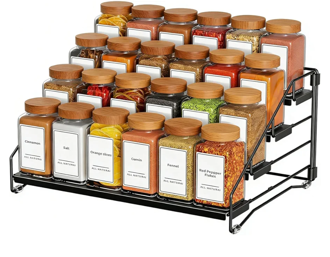 Black Spice Shelf, Tiered Spice Rack Organizer for Cabinet, 4 Tier Countertop Spice Rack, Depth Adjustable Seasoning Organizer for Cabinet