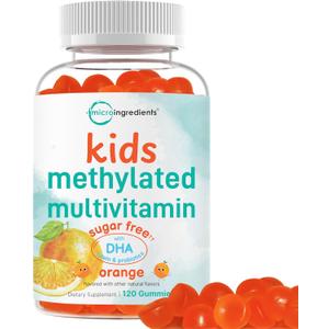 Methylated Multivitamins Gummies for Kids, 120 Count | Sugar Free Orange Flavored | 20-in-1 Complete Formula with DHA, Lutein, Probiotics, B12, Folate & More | Essential Vitamins & Minerals | Non-GMO, BBD 09/2027