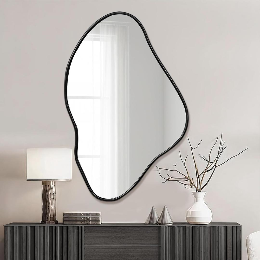 ULIKE Black Irregular Wall Mirror, 24x36 Inch Abstract Wall Decor with Wood Frame, Asymmetrical Vanity Mirror for Bathroom Bedroom Living Room Entryway