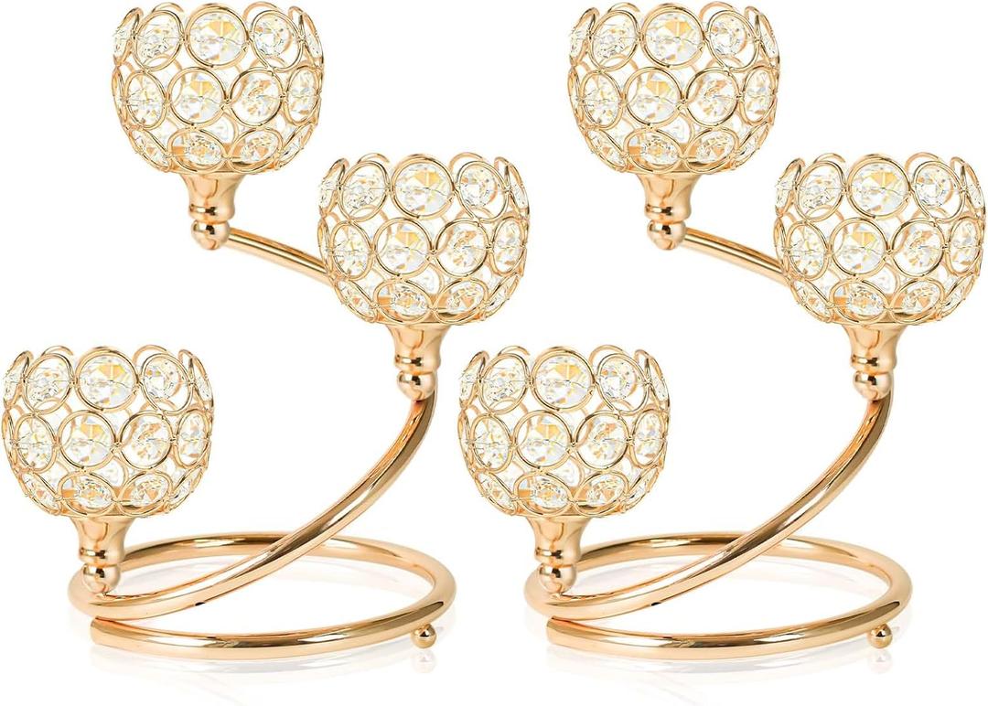 Metal Crystal Candle Holder Set of 3 - Elegant 5-Arm Metal Tea Light Centerpiece with Shining Crystal Bowl, Wedding Anniversary Table Decor for Dining, Party (Gold, 2 Pcs 3 Arm)