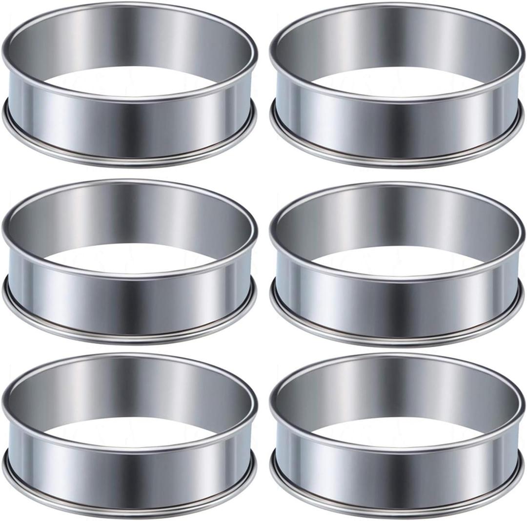 Stainless steel tower ring inner diameter 8cm/3.15in 6-piece set pizza feeding ring double rolled edge circular biscuit cutting cake pie mold kitchen supplies baking tools DIY breakfast pancake ring