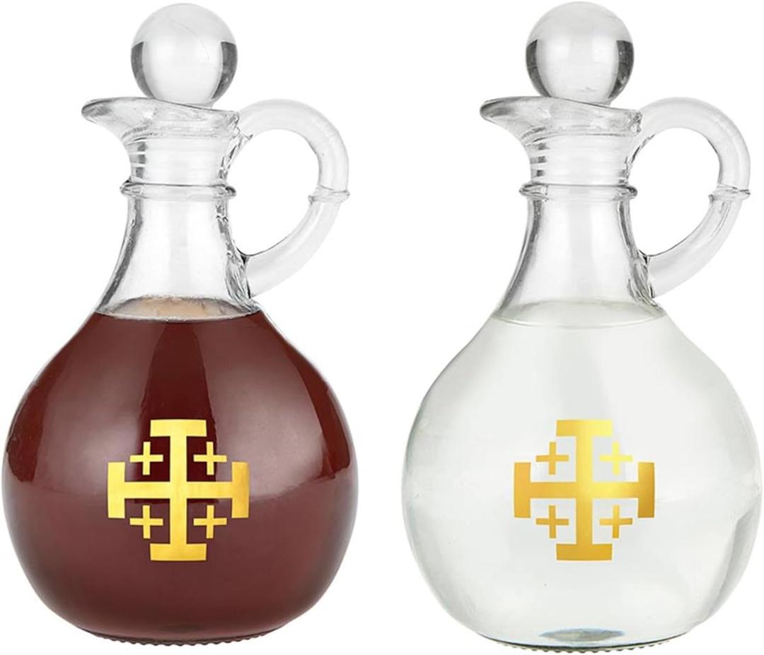Needzo Jerusalem Cross Cruet Set, Oil and Vinegar Bottle Dispensers, Catholic Church Supplies, 6.5 Inches