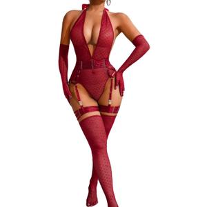 Sheer Mesh Bodysuit, Sexy 5PC Lingerie For Women, Plunge Neck Halter Backless, Garter Belt Thigh High Stockings (Small, Burgundy)
