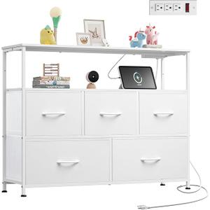 WLIVE White Dresser for Bedroom, 5 Drawer Dressers with Charging Station, Fabric Chest of Drawers with Open Shelves, Storage Dresser for Living Room, Closet, Entryway