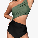 CUPSHE Women's One Piece Swimsuit One Shoulder Color Block Side Cutout Ruched Bathing Suit, Size S