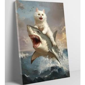 Funny Cat Canvas Wall Art Cat Riding a Shark Painting Picture Wall Decor Vintage Gothic animal Poster Print Artwork for Bathroom Living Room Bedroom Home Decoration Framed 23"×16" Inch