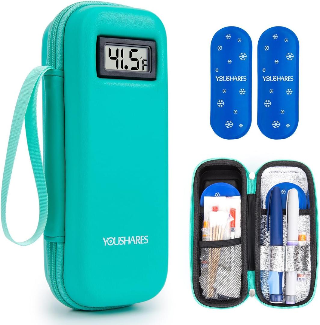 YOUSHARES Insulin Cooler Travel Case with Temperature Display - Refrigerated Medicine Cooler Travel Case Diabetic Travel Case with 2 TSA Approved Ice Pack for Trip and Daily (Green) (02 Green)