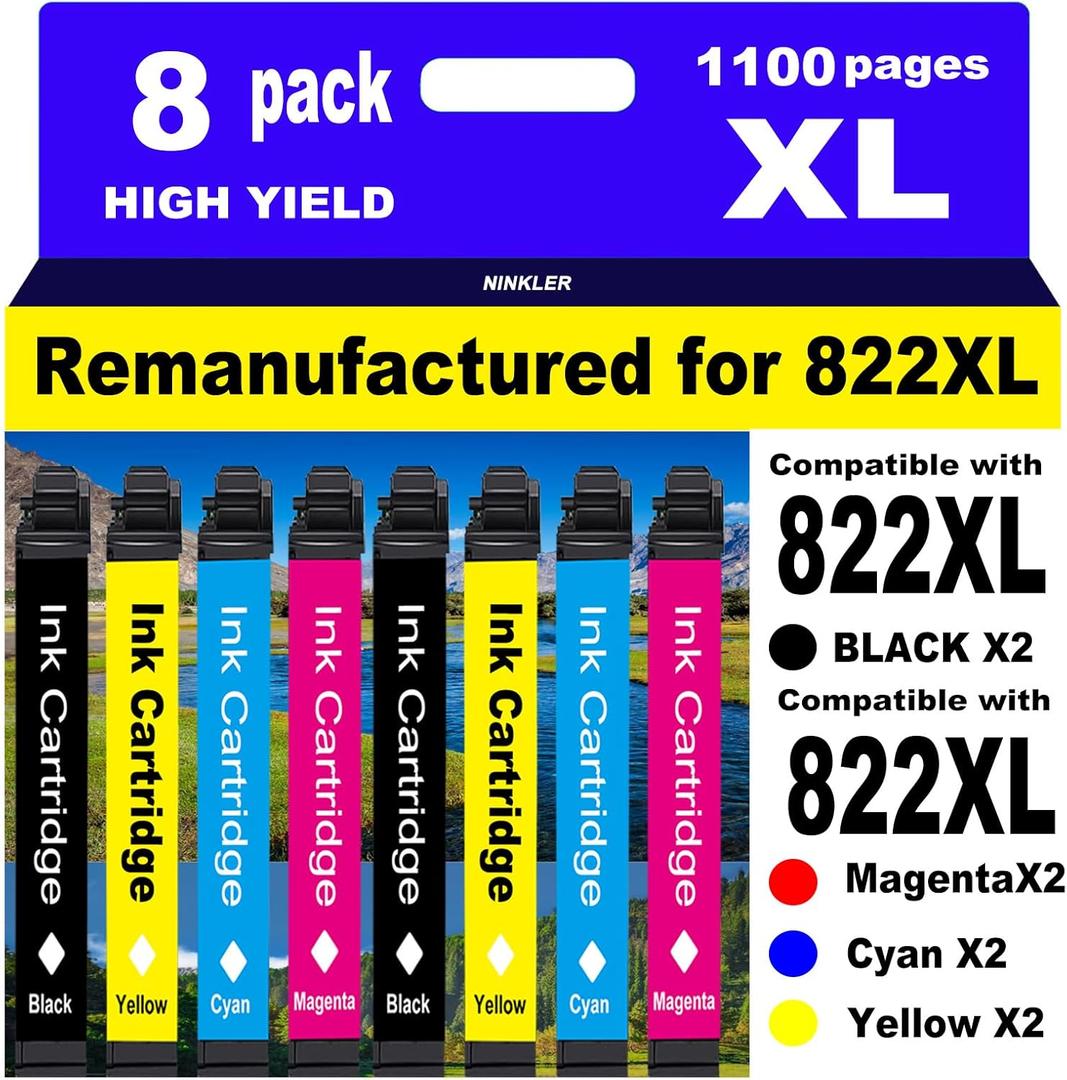 for 822XL Remanufactured for Epson 822XL Ink Cartridges for 822 XL T822 Workforce Pro WF-3820 WF-3823 WF-4820 WF-4830 WF-4833 WF-4834 Printer 8 Pack 2 Black 2 Cyan 2 Magenta 2 Yellow