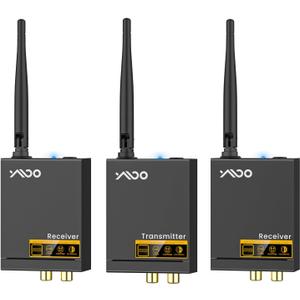 YMOO 3 in 1 2.4Ghz Wireless Audio Transmitter and Receiver,2 Receivers for Two Speakers,20ms Ultra Low Latency,192kHz/24bit HiFi,320ft Range RCA Jack Wireless Adapter for TV/Speaker/PC/Home Stereo