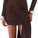 Womens Elegant Flowy Ribbon Long Sleeve Maxi Dress Irregular Ruched Bodycon Fall Dress Pleated Formal Dresses (Small, Brown)