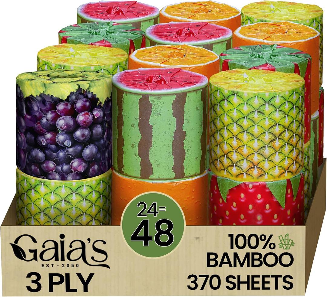 Gaias Premium and Soft Fruit TP Organic Bamboo Toilet Paper | 24 Mega Rolls, 3 Ply, 370 Sheets | FSC Certified, PFAS & BPA Free, Eco-Friendly, Sustainable Tissue - Plastic Free, Septic Safe, Vegan