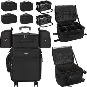 Relavel Rolling Makeup Case Professional Makeup Train Case, Rolling Makeup Kit Bag Makeup Artist Travel Bag with Wheels, 4-in-1 Portable Travel Beauty Trolley Case for Cosmetology Storage(Black)