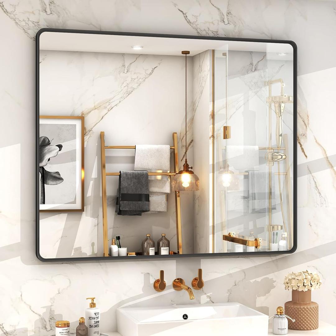 OKPAL 44X36 Inch Black Bathroom Mirror for Wall, Bathroom Vanity Mirror, Matte Black Frame Rectangle Mirror, Round Corner, Rustproof, Tempered Glass (Horizontal/Vertical) (44"L x 36"W)
