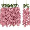 Artificial Wisteria Hanging Flowers,5Pcs Dusty Pink Fake Wisteria 33" Silk Faux Wisteria Vine Rattan Hanging Garland Bulk for Wedding Arch Party Backdrop Wall Home Decorations (Dusty Pink