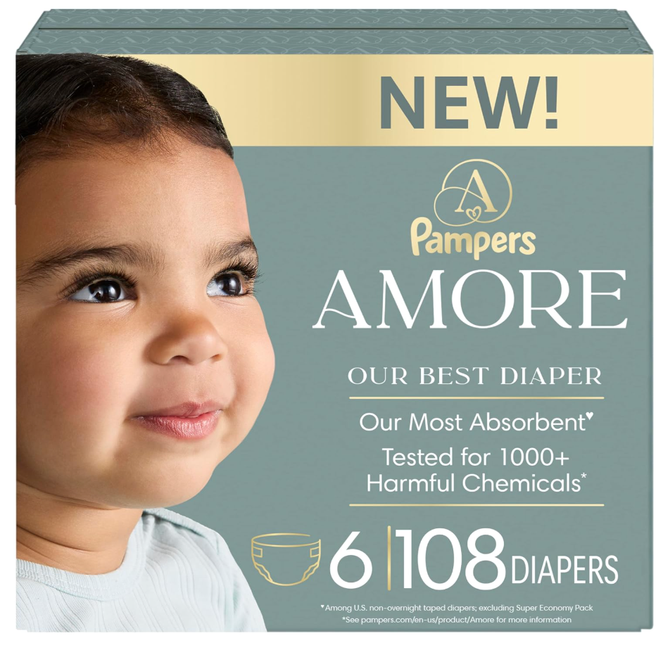 Pampers Amore, Size 6 (23-44 lbs), 108 Count, Our Best Diaper – Hypoallergenic & Fragrance Free, Up to 100% Leakproof, Soft as Cashmere