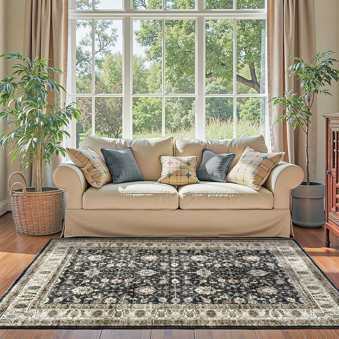 jinchan Vintage Area Rug 4x6 Dining Room Washable Floral Oriental Accent Distressed Indoor Doormat Small Non Slip Soft Lightweight Rug Retro Carpet for Kitchen Home Office Bedroom Living Room Black