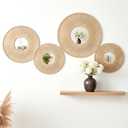 Oqqlin 4 Pcs Boho Mirror Wall Hanging Decor, 11.8 Inch/9.8 Inch Boho Woven Wall Mirrors Rustic Round Mirror Decor for Bedroom, Living Room, Hone, Hotel